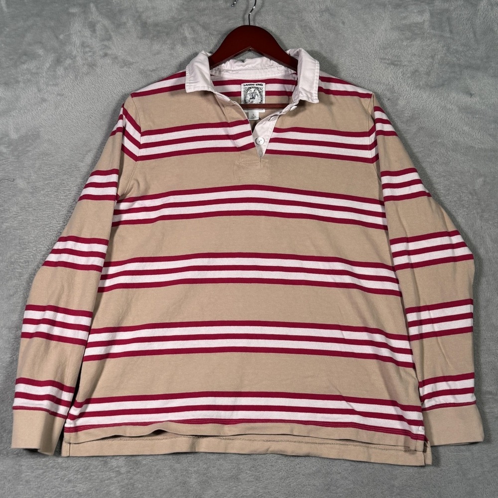 Lands' End Rugby Shirt Youth L 14-16 Beige Pink Stripe Long Sleeve Jersey *FLAW
